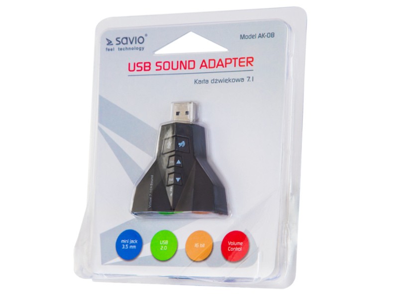 Karta muzyczna USB 7w1, dźwięk Virtual 7.1CH, Plug & Play, blister, AK-08